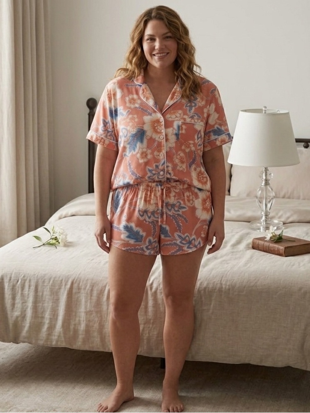O'Neill Floral Pajama Set Tropical Short Sleeve Button‎ Up & Shorts Coral XL